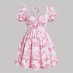 Toile print peasant / babydoll dress with puff sleeves